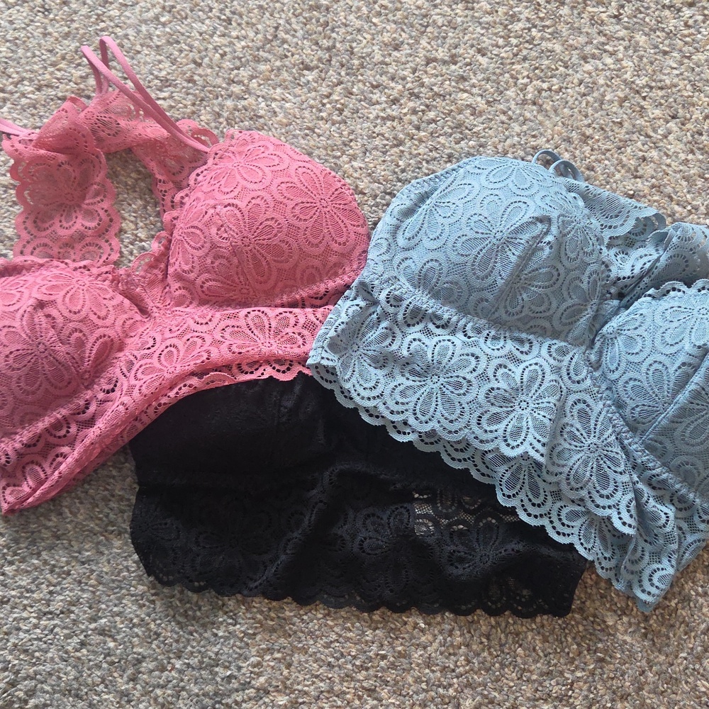 Gilly Hicks Floral Lace Racerback Bralettes - Pink, Black & Light Blue